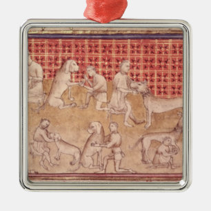 Men caring for hunting dogs metal ornament
