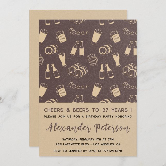 Men Cheers & Beer Rustic 37th birthday Invitation (Front/Back)