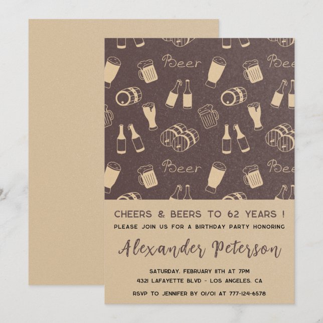 Men Cheers & Beer Rustic 62nd birthday Invitation (Front/Back)