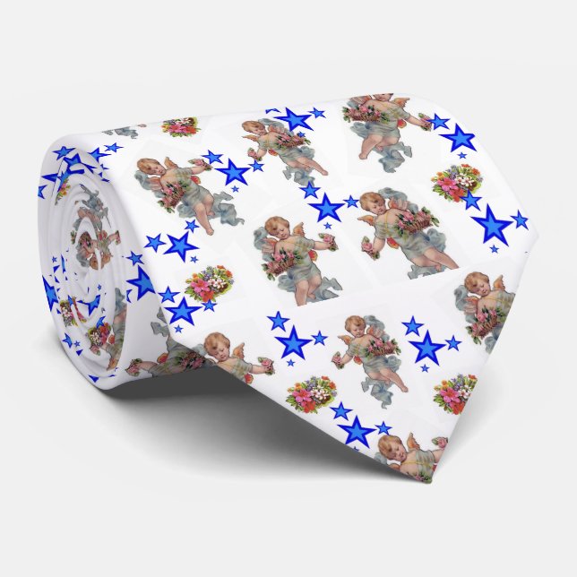 Men Designer Angel Blue Stars Neck Tie (Rolled)