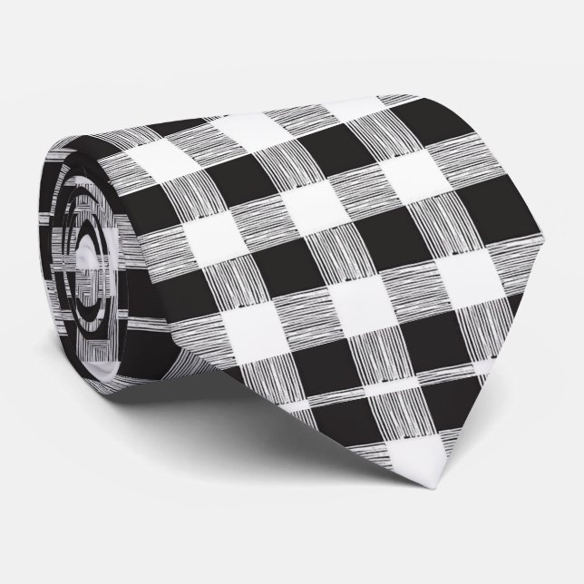 Men Designer Black and White Plaid Neck Tie (Rolled)
