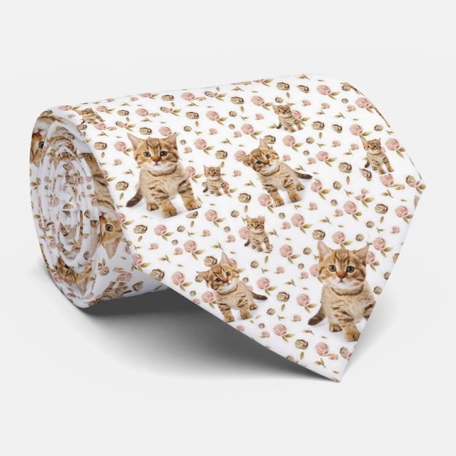 Men Designer Floral Kitten Cats Neck Tie (Rolled)