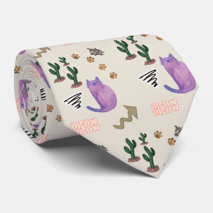 Men Designer Ties Cat Fish Paws Meow Cactus