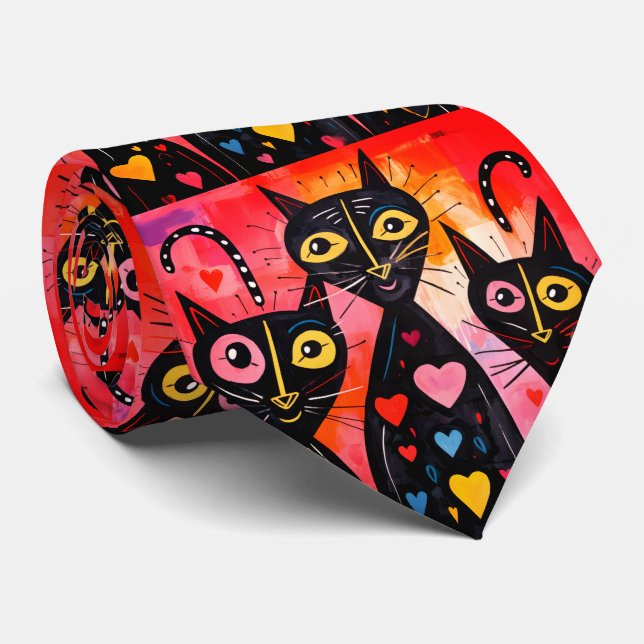 Men Designer Ties Cat Red Hearts (Rolled)