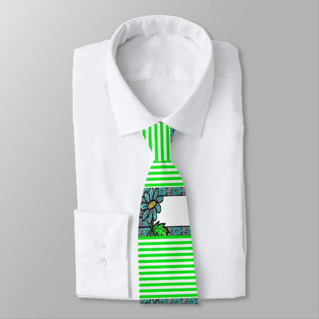 Men Designer Ties Green Stripe Floral (Tied)