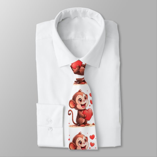 Men Designer Ties Monkey Red Hearts (Tied)