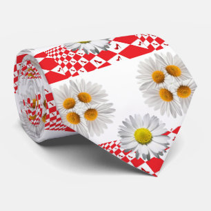 Men Designer Ties White Daisy Red Checkered