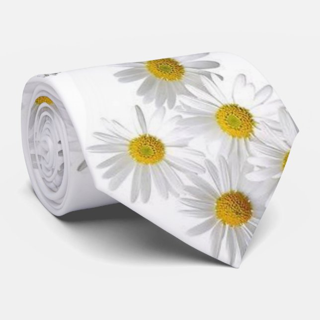 Men Designer White Daisy Neck Tie (Rolled)