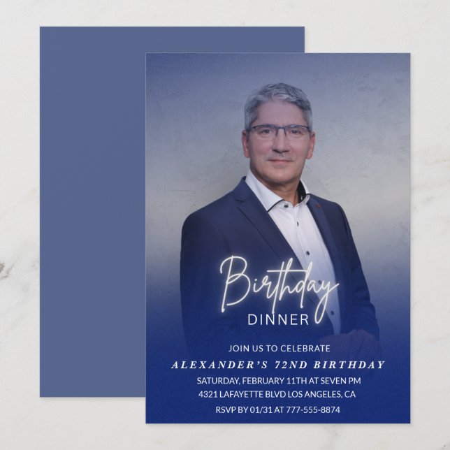 Men Dinner Photo Navy blue 72nd birthday Invitation (Front/Back)