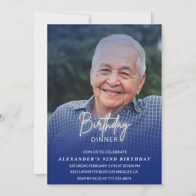 Men Dinner Photo Navy blue 92nd birthday Invitation (Front)