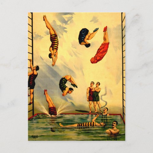 Men diving into Pool Vintage 1898 Circus Poster Postcard