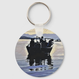 men fishing in lake abstract silhouette art keychain