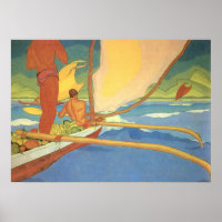 MEN IN AN OUTRIGGER CANOE HEADED FOR SHORE