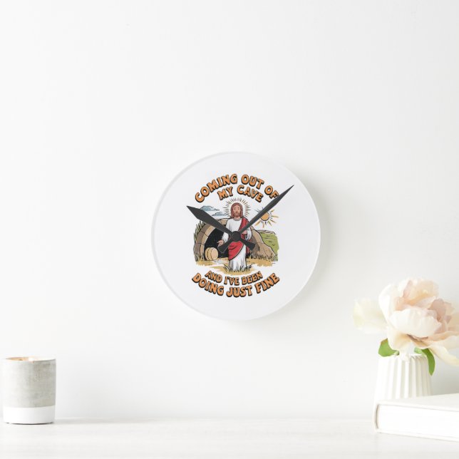 Men Jesus Coming Out of My Cave Round Clock (Home)