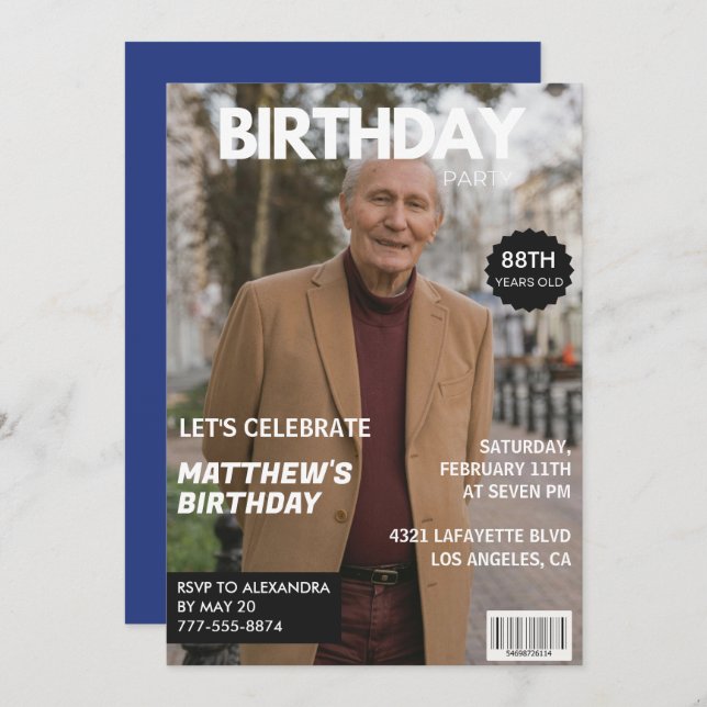 Men Magazine Navy blue Photo 88th birthday  Invitation (Front/Back)