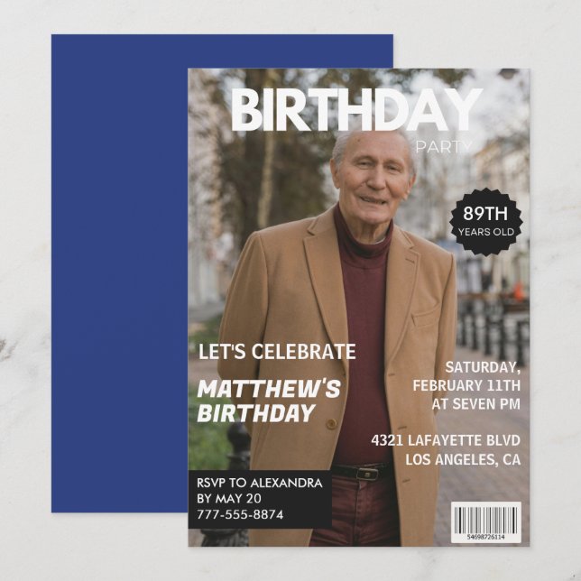 Men Magazine Navy blue Photo 89th birthday  Invitation (Front/Back)