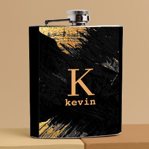 Men monogram modern black gold personalized flask