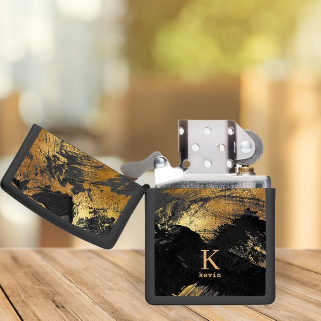 Men monogram name black gold modern custom zippo lighter (Creator Uploaded)
