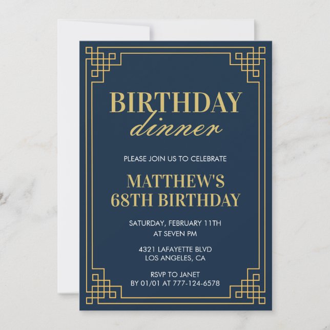 Men Navy blue Birthday dinner 68th birthday  Invitation (Front)