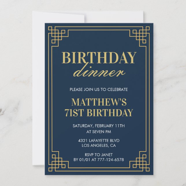 Men Navy blue Birthday dinner 71st birthday  Invitation (Front)
