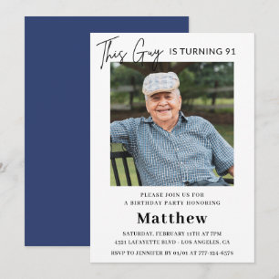 Men Navy White Photo 91st birthday Invitation