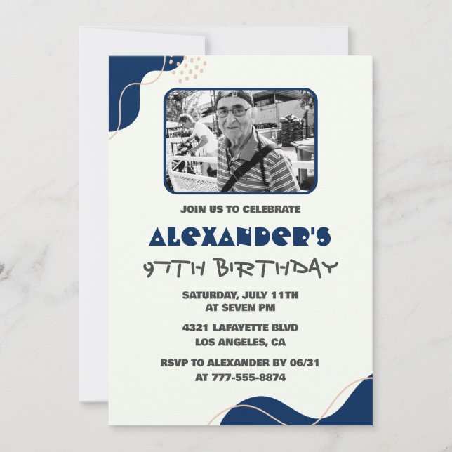Men Navy White Picture 97th birthday invitations  (Front)