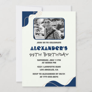Men Navy White Picture 99th birthday invitations 