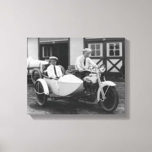 Men on Harley Davidson Motorcycle with Sidecar Canvas Print (Front)