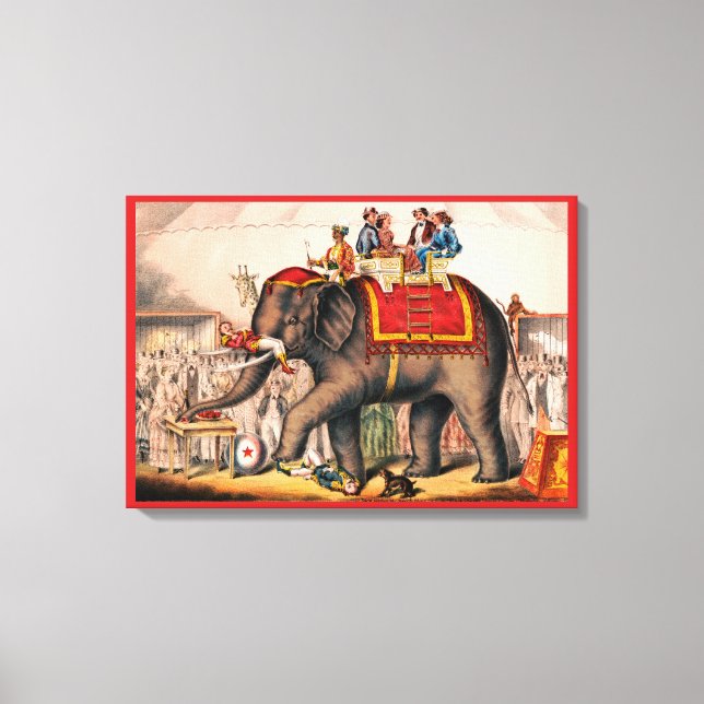 Men Performing A Circus Act With An Elephant. Canvas Print (Front)