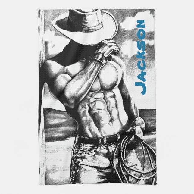 Men Personalized Name Fine Art Cool Cowboy Kitchen Towel (Vertical)