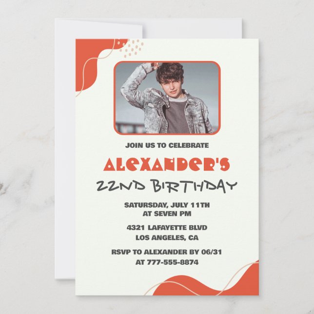 Men Photo 22nd birthday invitations Modern Red (Front)