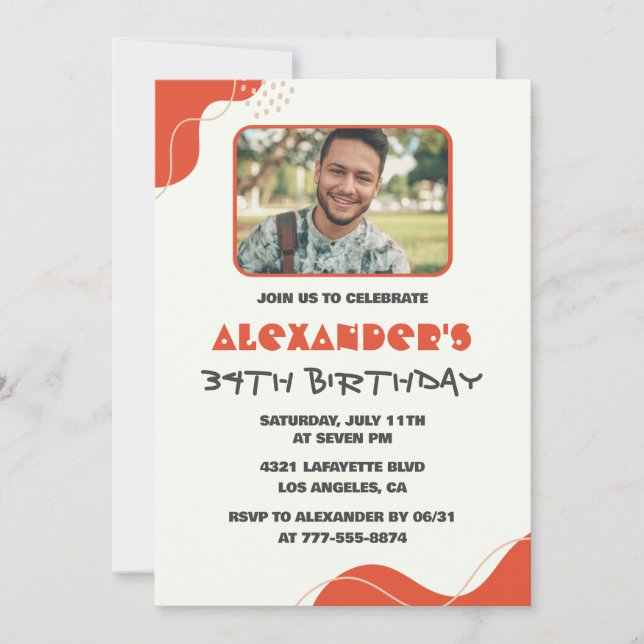 Men Photo 34th birthday invitations Modern Red (Front)