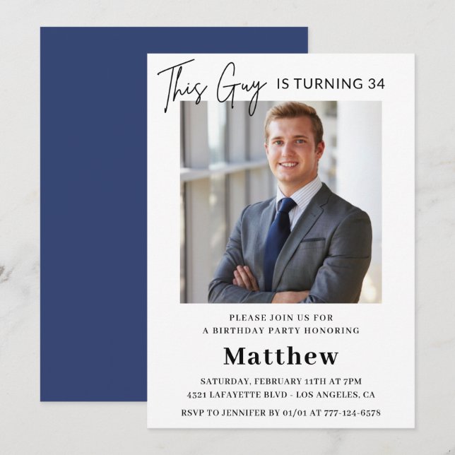 Men Photo 34th birthday invitations Navy blue (Front/Back)
