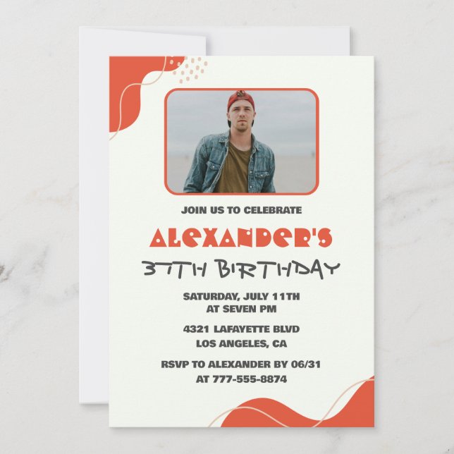Men Photo 37th birthday invitations Modern Red (Front)