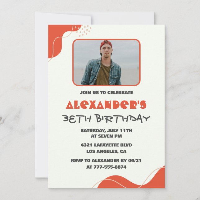 Men Photo 38th birthday invitations Modern Red (Front)