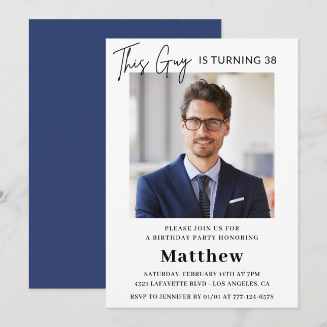 Men Photo 38th birthday invitations Navy blue (Front/Back)
