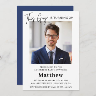 Men Photo 39th birthday invitations Navy blue