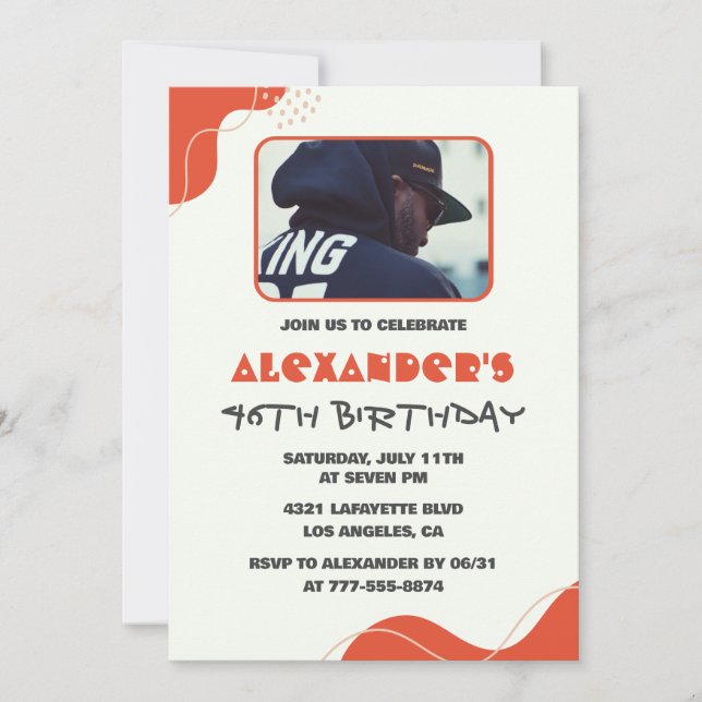 Men Photo 46th birthday invitations Modern Red (Front)