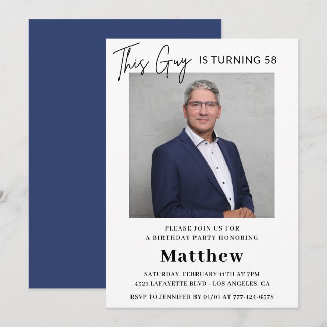 Men Photo 58th birthday invitations Navy blue (Front/Back)