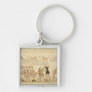 Men pulling a cart loaded with wine and arms keychain