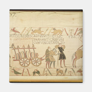 Men pulling a cart loaded with wine and arms magnet