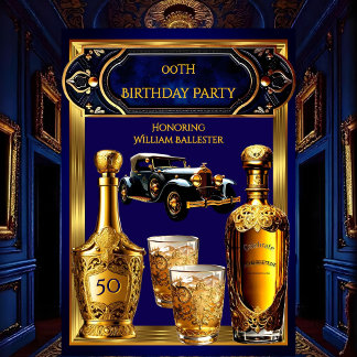 Men’s Birthday Party Gold Blue Vintage Car Drinks Invitation