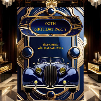 Men’s Birthday Party Royal Blue Gold Vintage Car Invitation