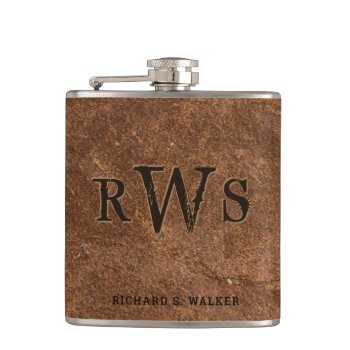 Men"s Rustic Monogram Faux Leather Buffalo Brown Flask by custom_iphone_cases at Zazzle
