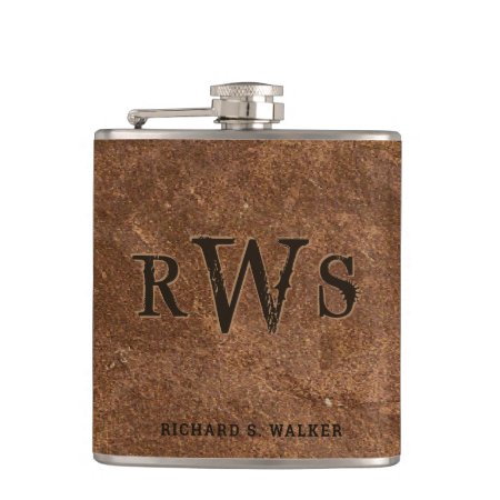 Men"s Rustic Monogram Faux Leather Buffalo Brown Flask