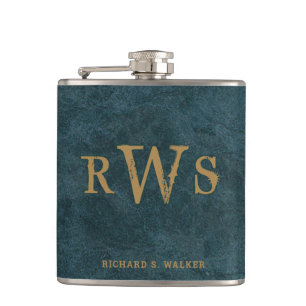 Men"s Rustic Western Monogram Faux Leather Blue Flask