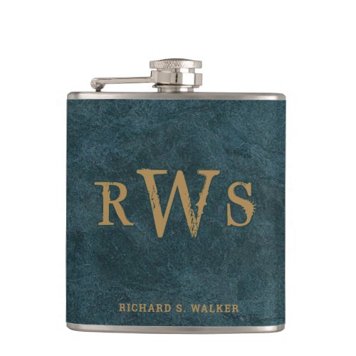 Mens Rustic Western Monogram Faux Leather Blue Flask