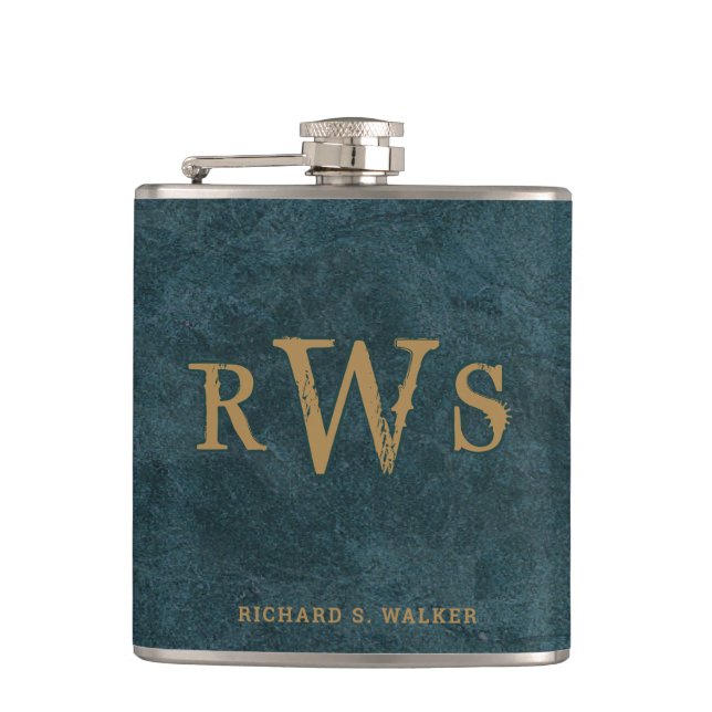 Men"s Rustic Western Monogram Faux Leather Blue Flask (Front)