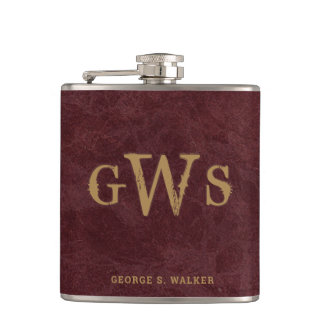 Men"s Rustic Western Monogram Faux Leather Red Flask