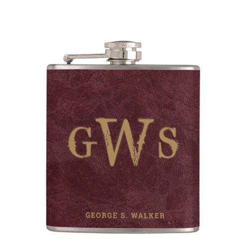 Mens Rustic Western Monogram Faux Leather Red Flask